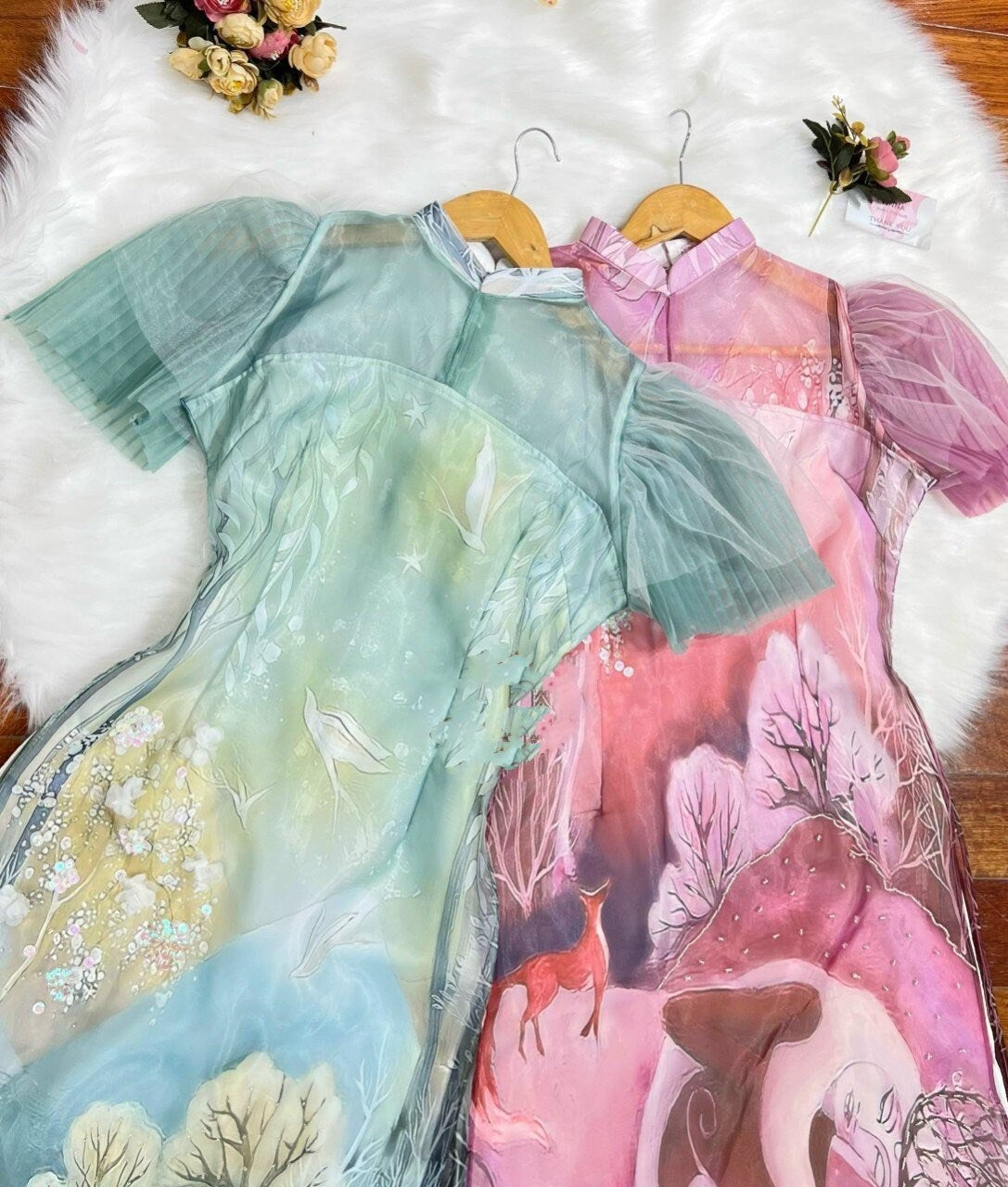 Pink/Purple Nightfalls Ruffle Sleeve Ao Dai Set