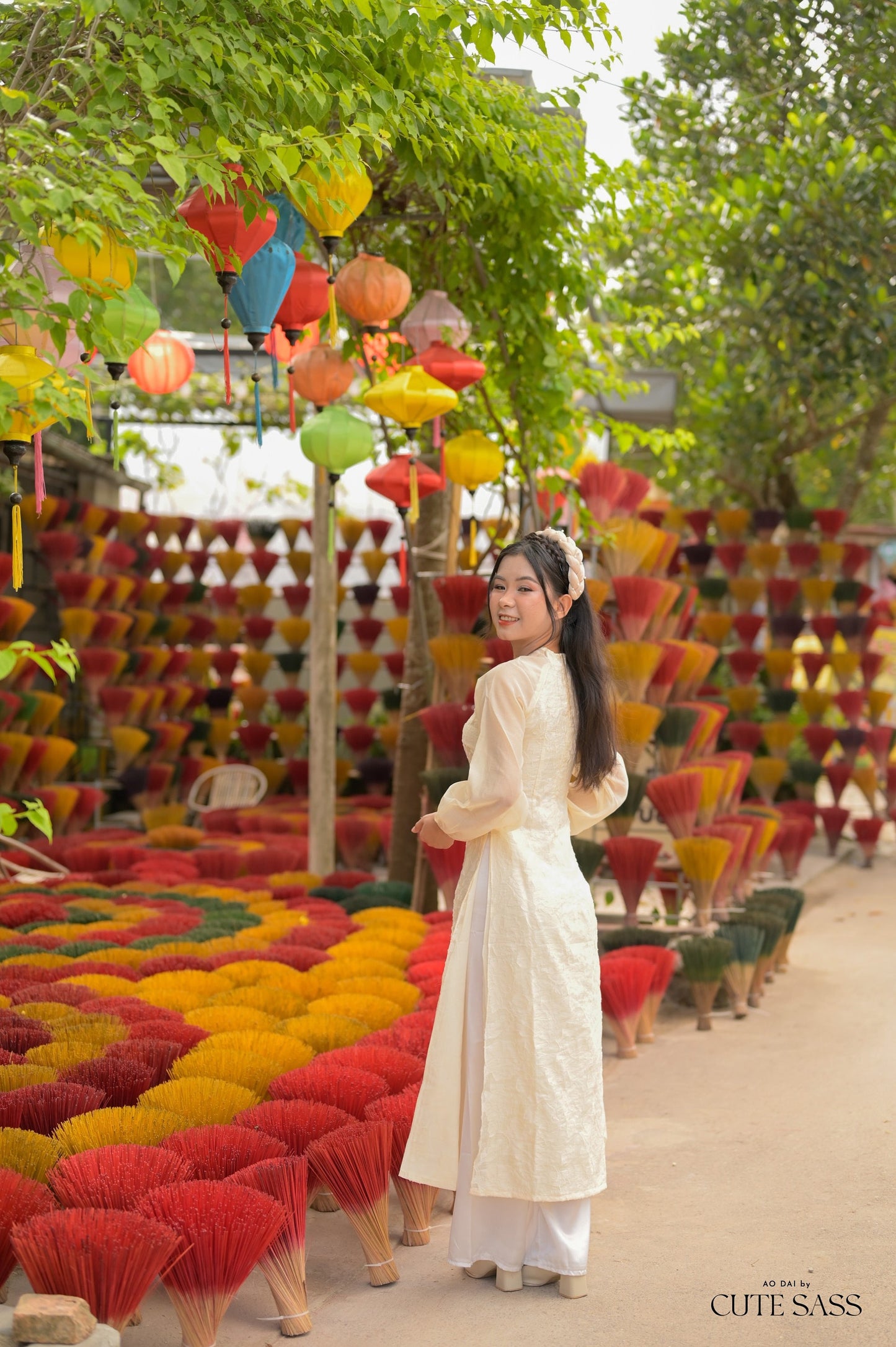 Cream Pearl Puffy Long Sleeve Ao Dai Set