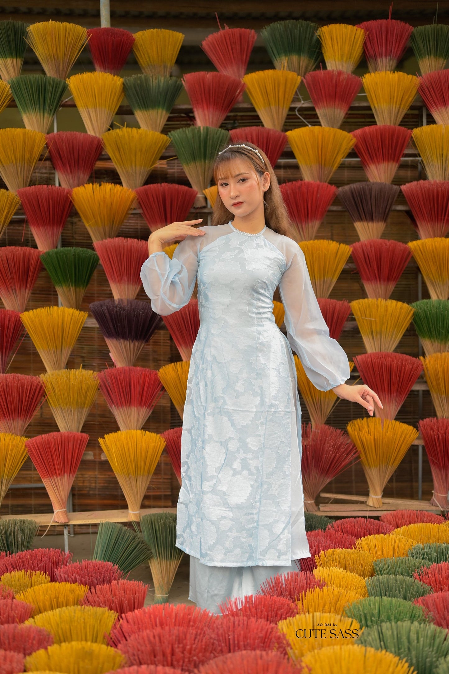 Blue Pearl Puffy Long Sleeve Ao Dai Set