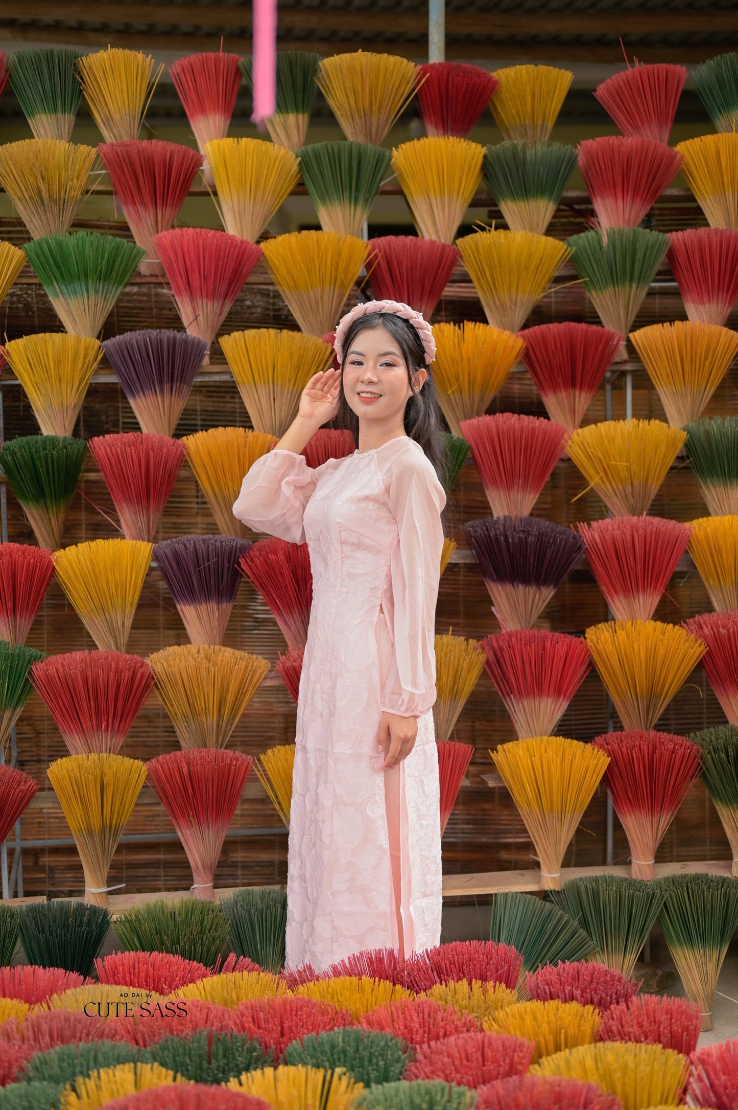 Pink Pearl Puffy Long Sleeve Ao Dai Set