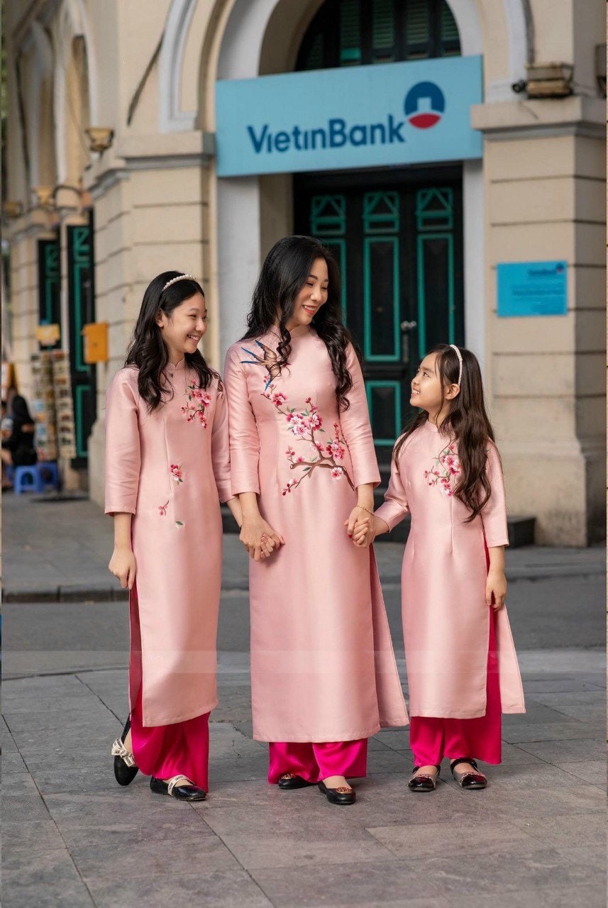 Mom and Daughter Blush Embroidery Matching Ao Dai Set (Hot Pink Pants)