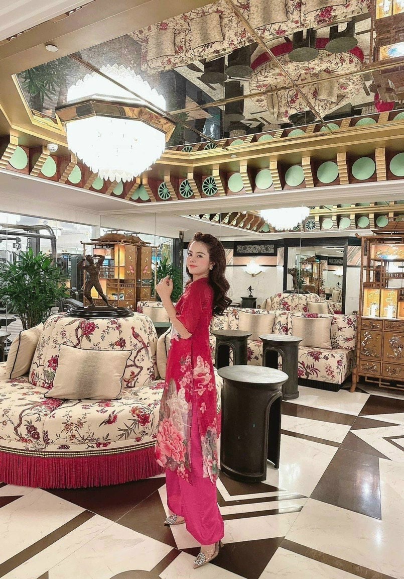 Red Modern Peony Ao Dai Set
