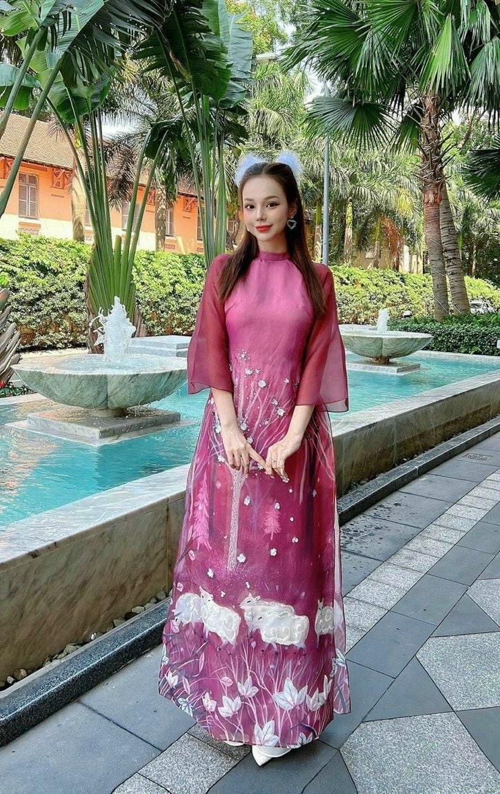 Purple Sheeps Chiffon Ao Dai Set
