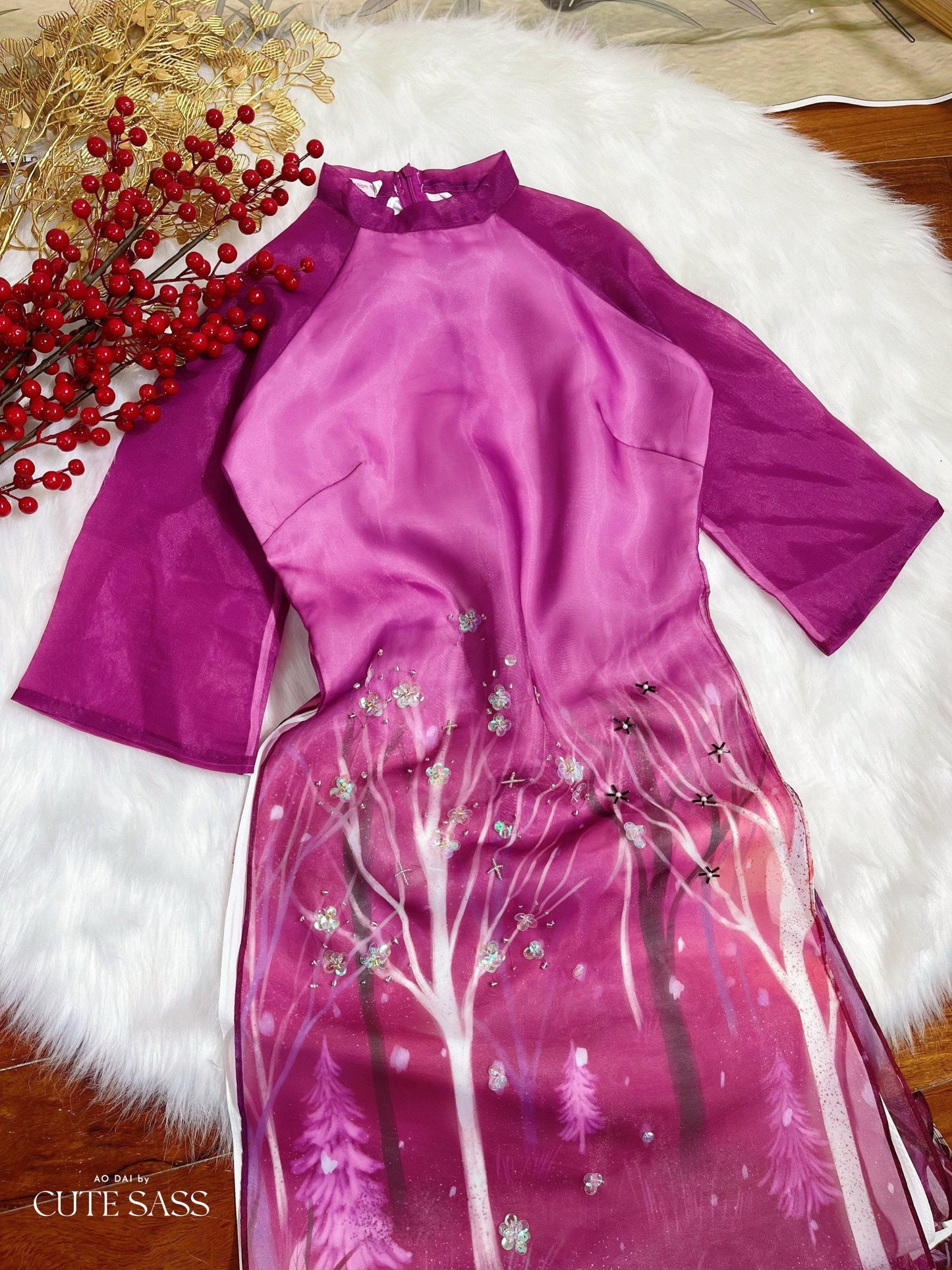 Purple Sheeps Chiffon Ao Dai Set