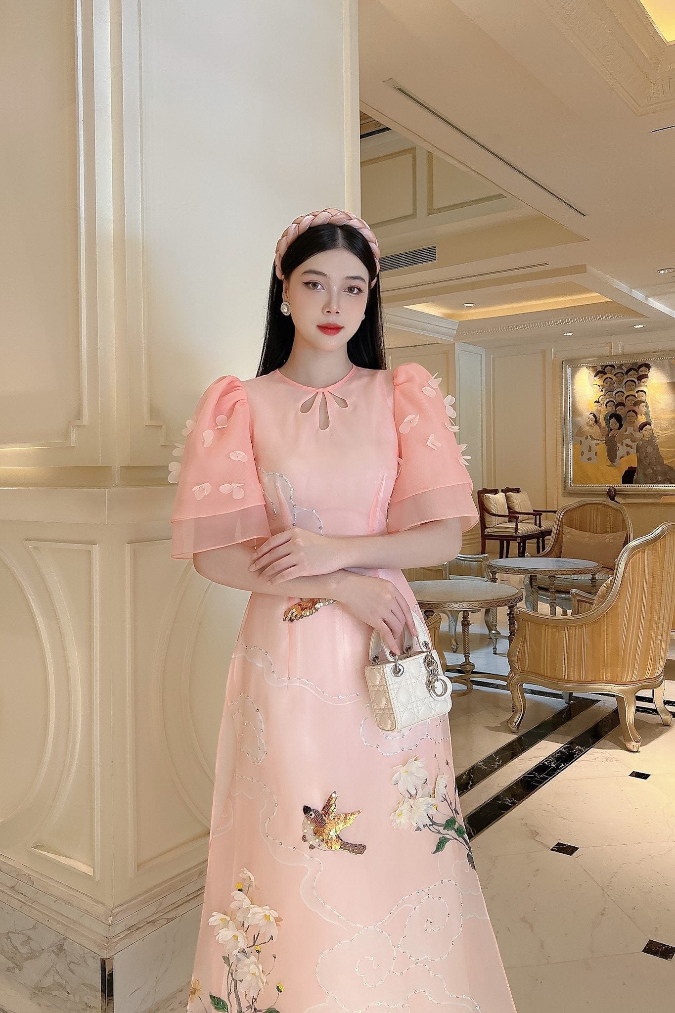 Blush Cut Out Tears Ao Dai Set
