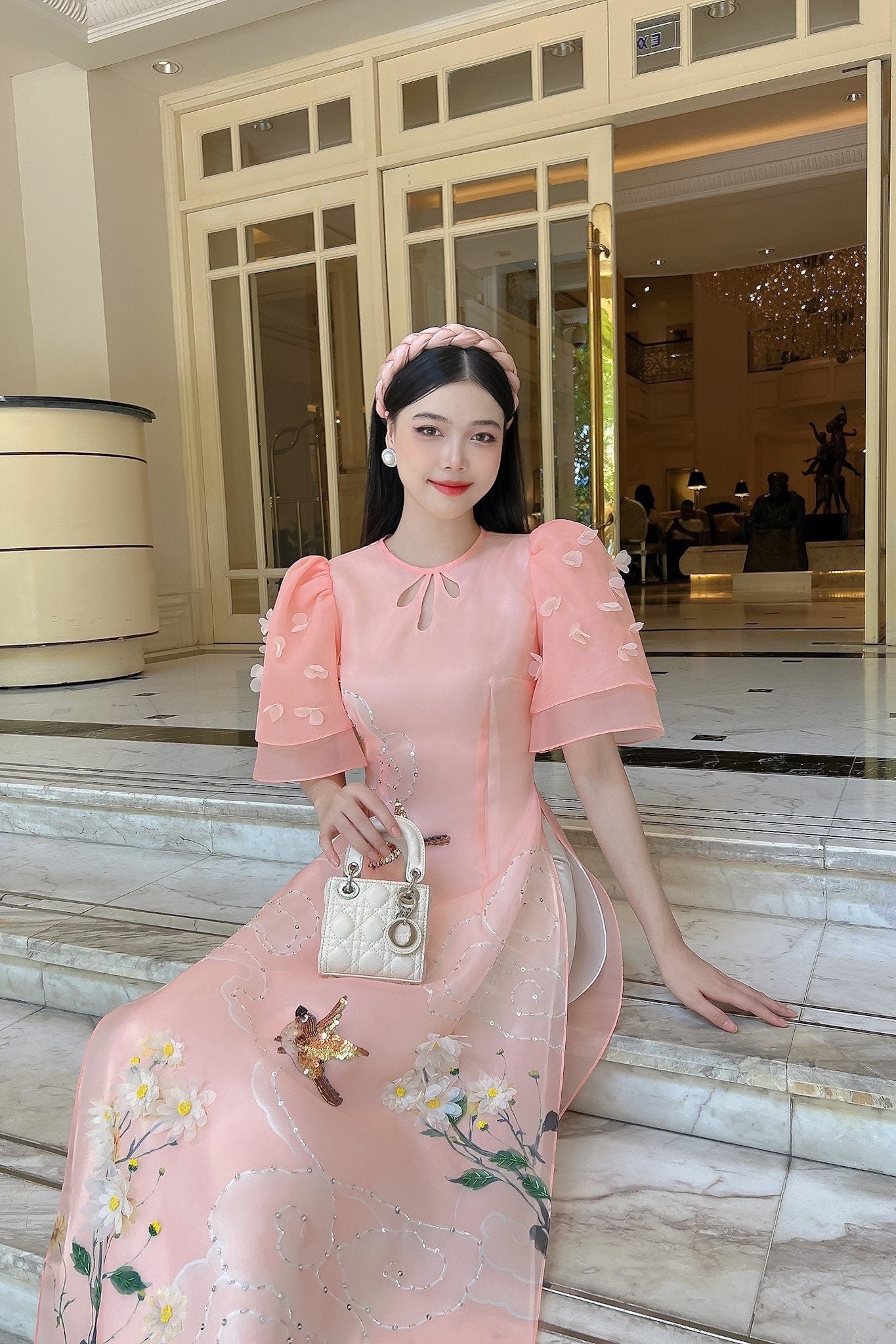 Blush Cut Out Tears Ao Dai Set
