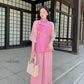 Pink Bow Modern Temple Set | Pre-made Traditional Vietnamese Phap Phuc| Lunar New Year| Ao Dai Truyen Thong|Women Ao Dai with Pants