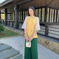 Light Yellow Bow Modern Temple Set | Pre-made Traditional Vietnamese Phap Phuc| Lunar New Year| Ao Dai Truyen Thong|Women Ao Dai with Pants