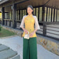 Light Yellow Bow Modern Temple Set | Pre-made Traditional Vietnamese Phap Phuc| Lunar New Year| Ao Dai Truyen Thong|Women Ao Dai with Pants