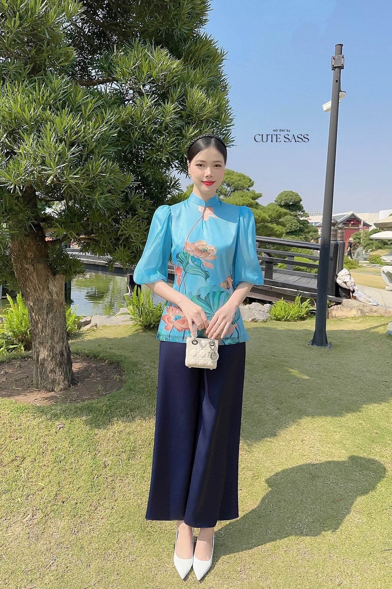 Blue Lotus Modern Temple Set | Pre-made Traditional Vietnamese Phap Phuc| Lunar New Year| Ao Dai Truyen Thong|Women Ao Dai with Pants
