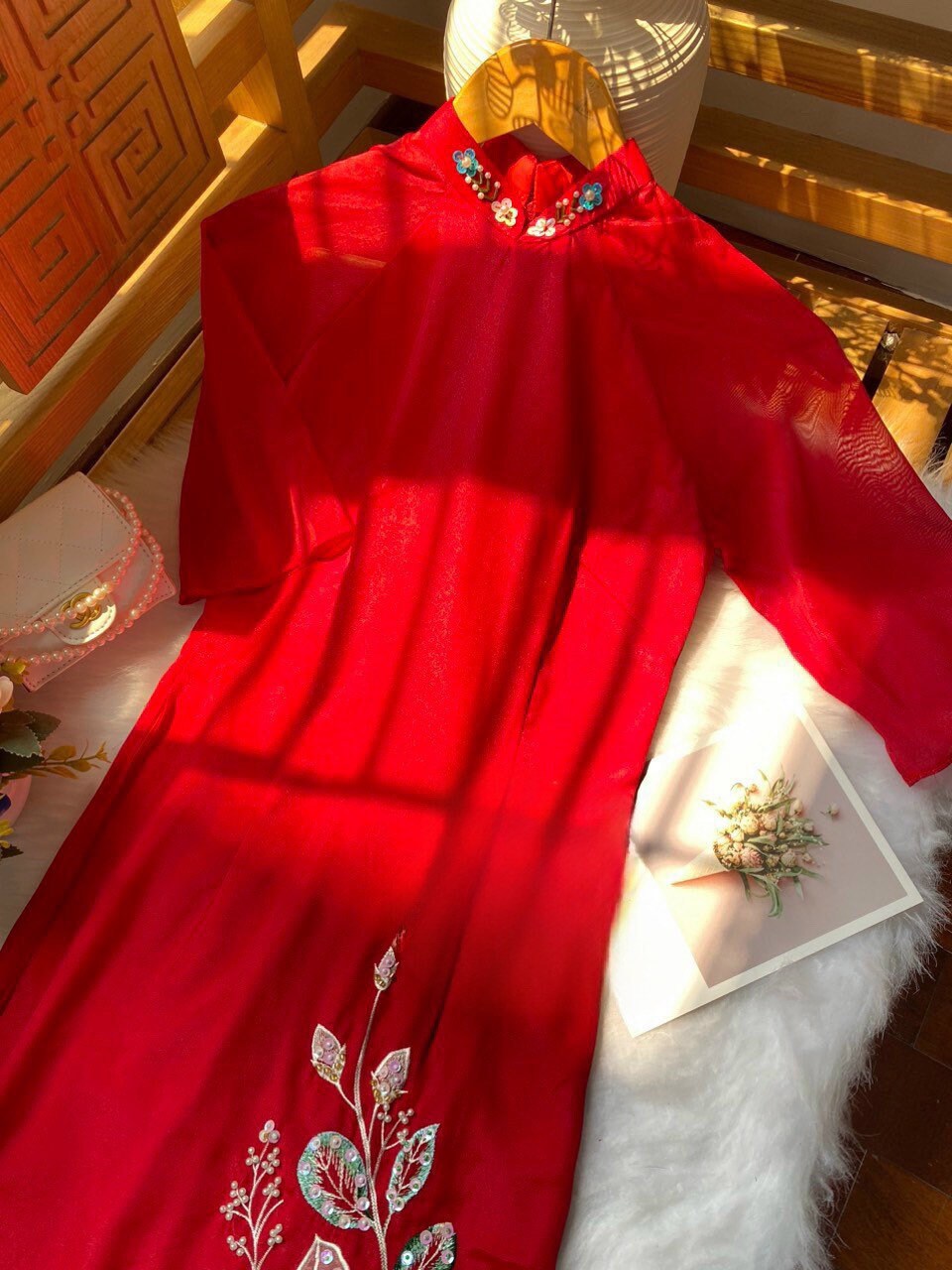 Red Sparkle Peony Ao Dai Set