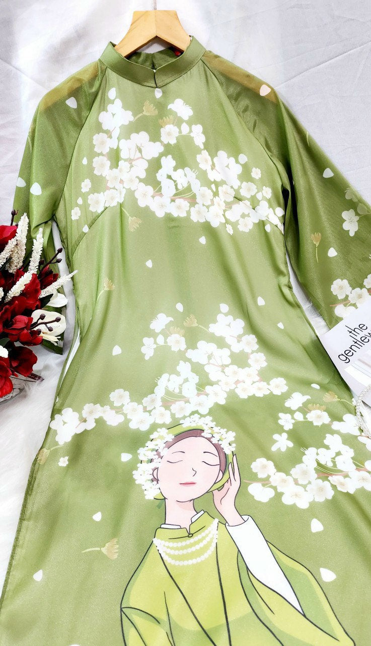 Shifted Green Spring Ao Dai Set | Pre-made Modernized Vietnamese Ao Dai| Women Ao Dai with Pants| Lunar New Year| Ao Dai Cach Tan