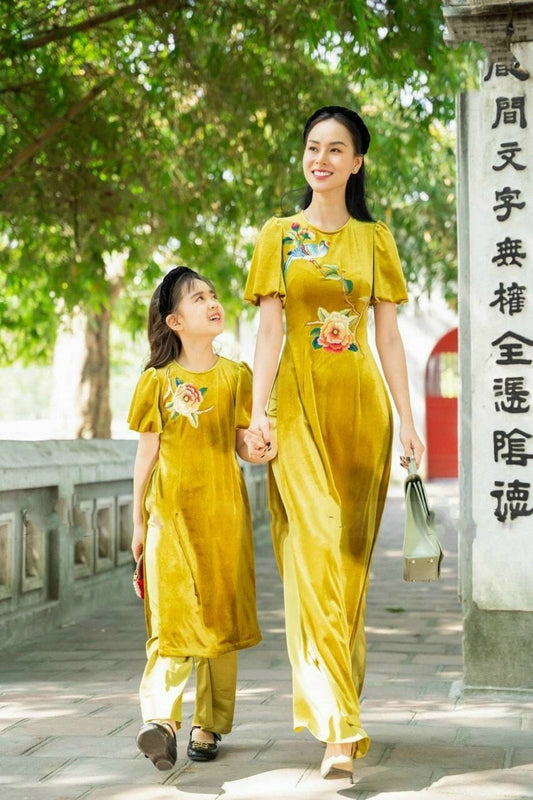 Mom and Daughter Yellow Embroidery Velvet Ao Dai Top Only, NO PANTS | Pre-made Traditional Vietnamese Ao Dai | Lunar New Year |