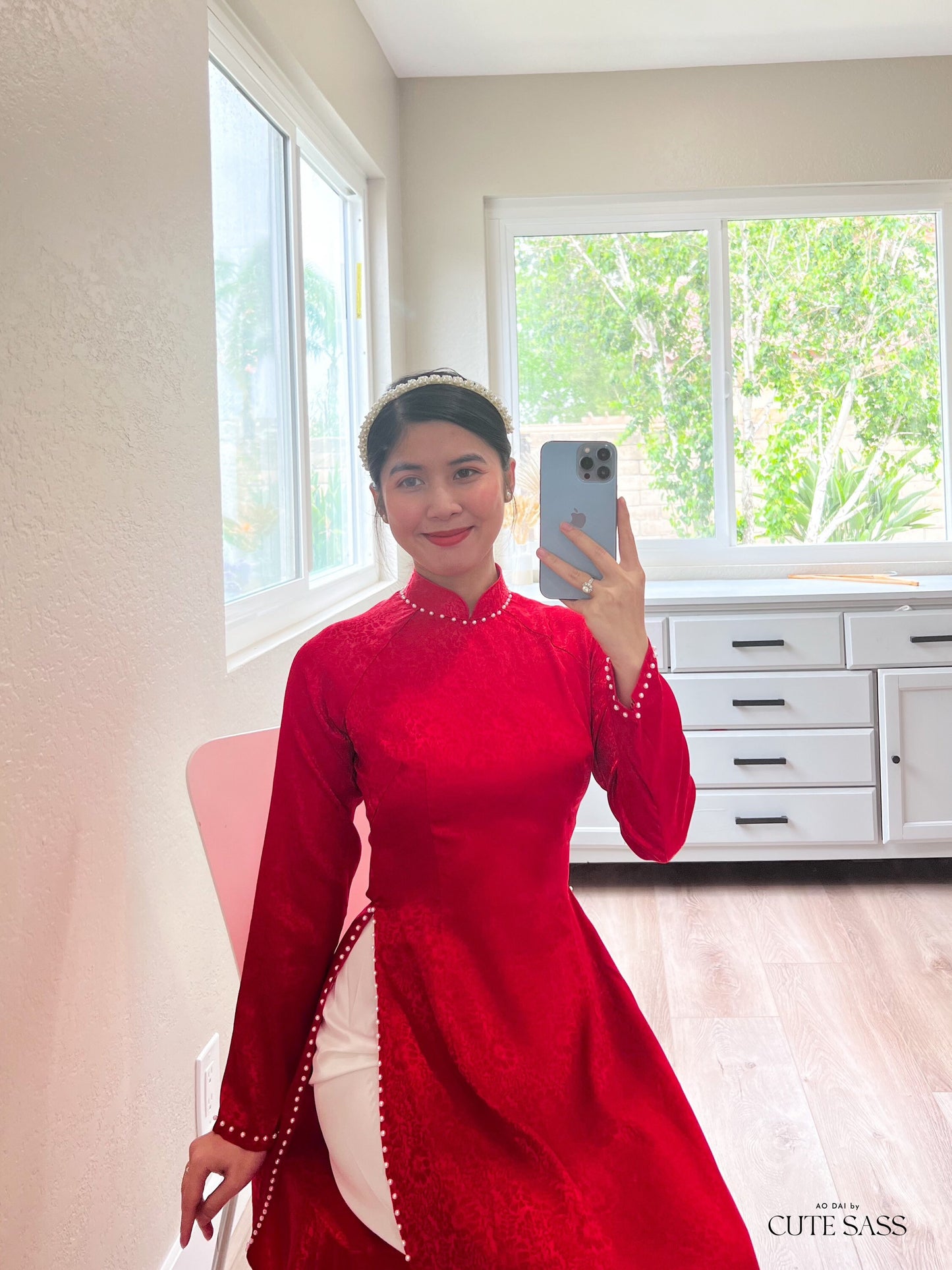 Plain Red Gam Silk with Pearls Ao Dai Set | Pre-made Traditional Vietnamese Ao Dai | Lunar New Year| Ao Dai Truyen Thong|Ao Dai with Pants