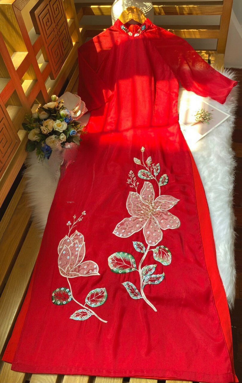 Red Sparkle Peony Ao Dai Set