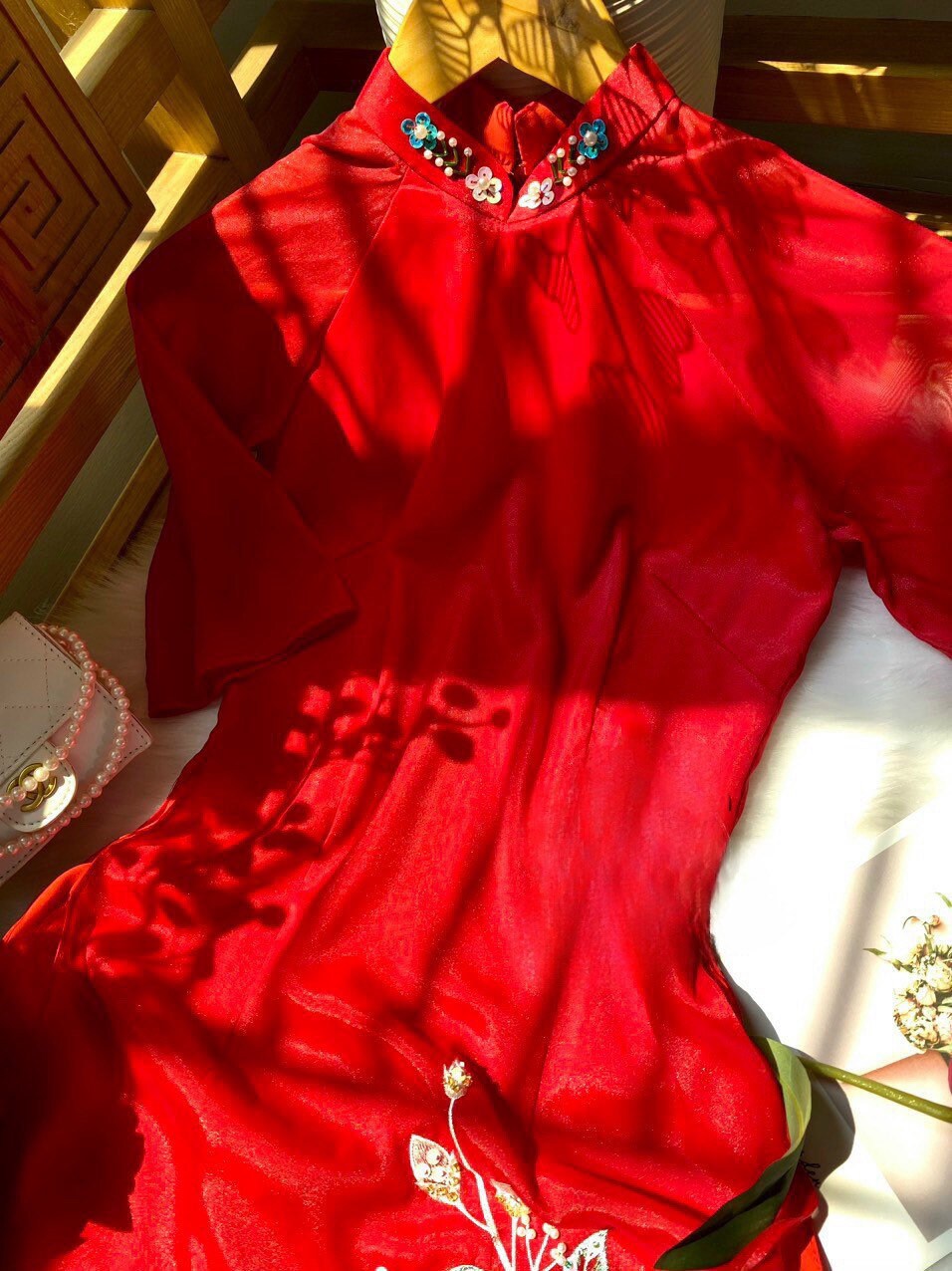 Red Sparkle Peony Ao Dai Set