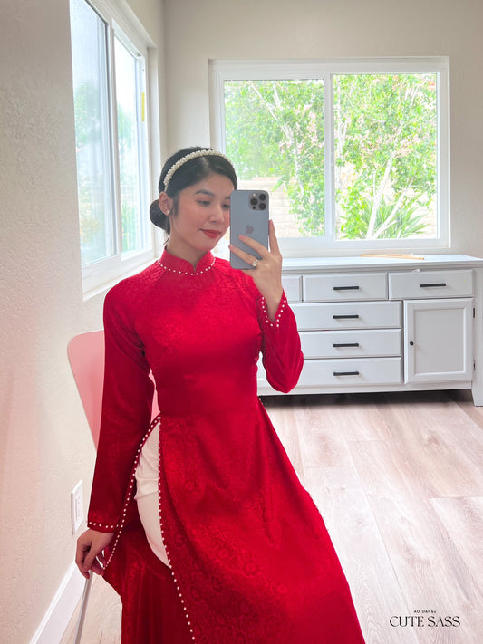 Plain Red Gam Silk with Pearls Ao Dai Set | Pre-made Traditional Vietnamese Ao Dai | Lunar New Year| Ao Dai Truyen Thong|Ao Dai with Pants
