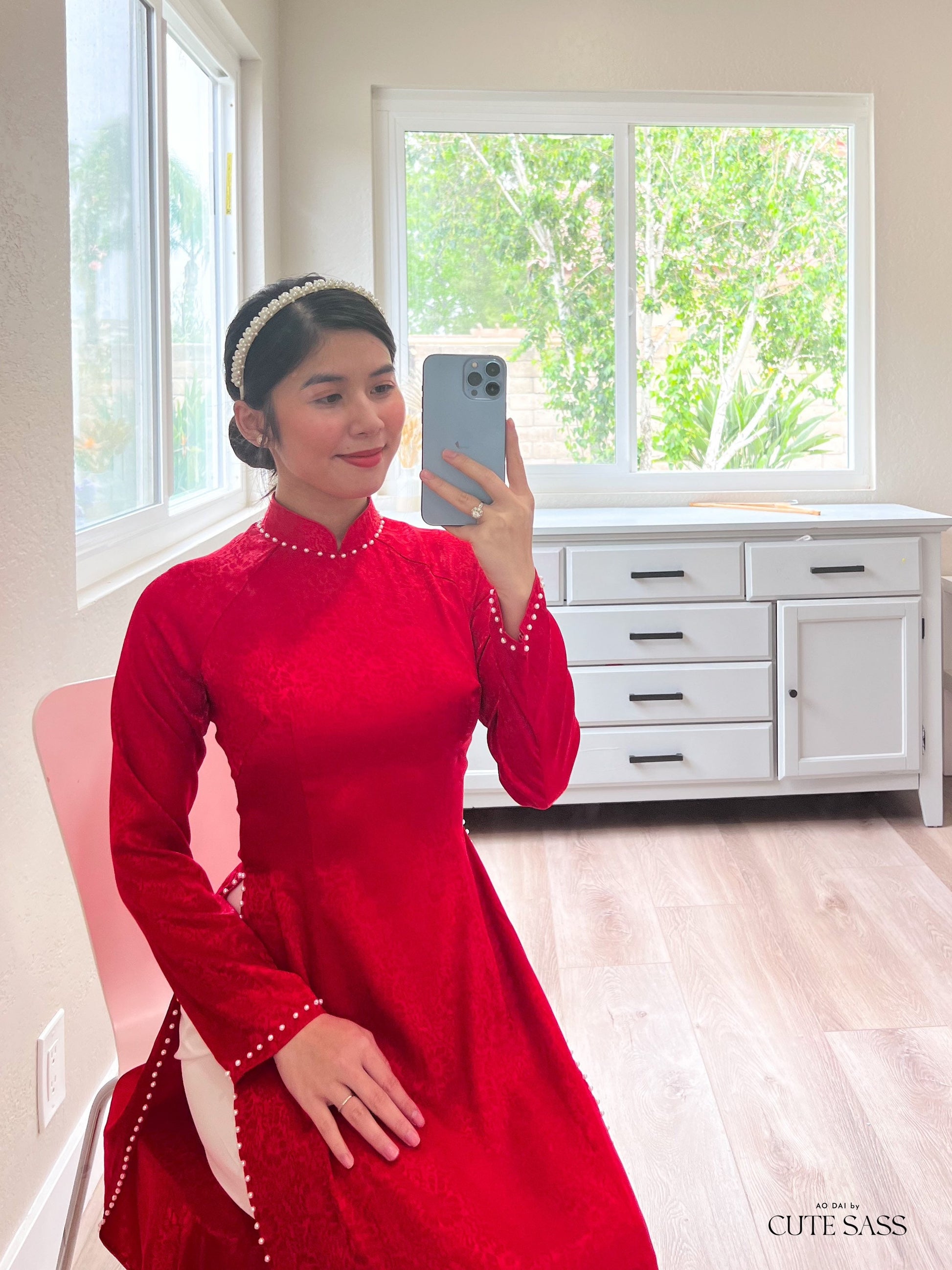 Plain Red Gam Silk with Pearls Ao Dai Set | Pre-made Traditional Vietnamese Ao Dai | Lunar New Year| Ao Dai Truyen Thong|Ao Dai with Pants