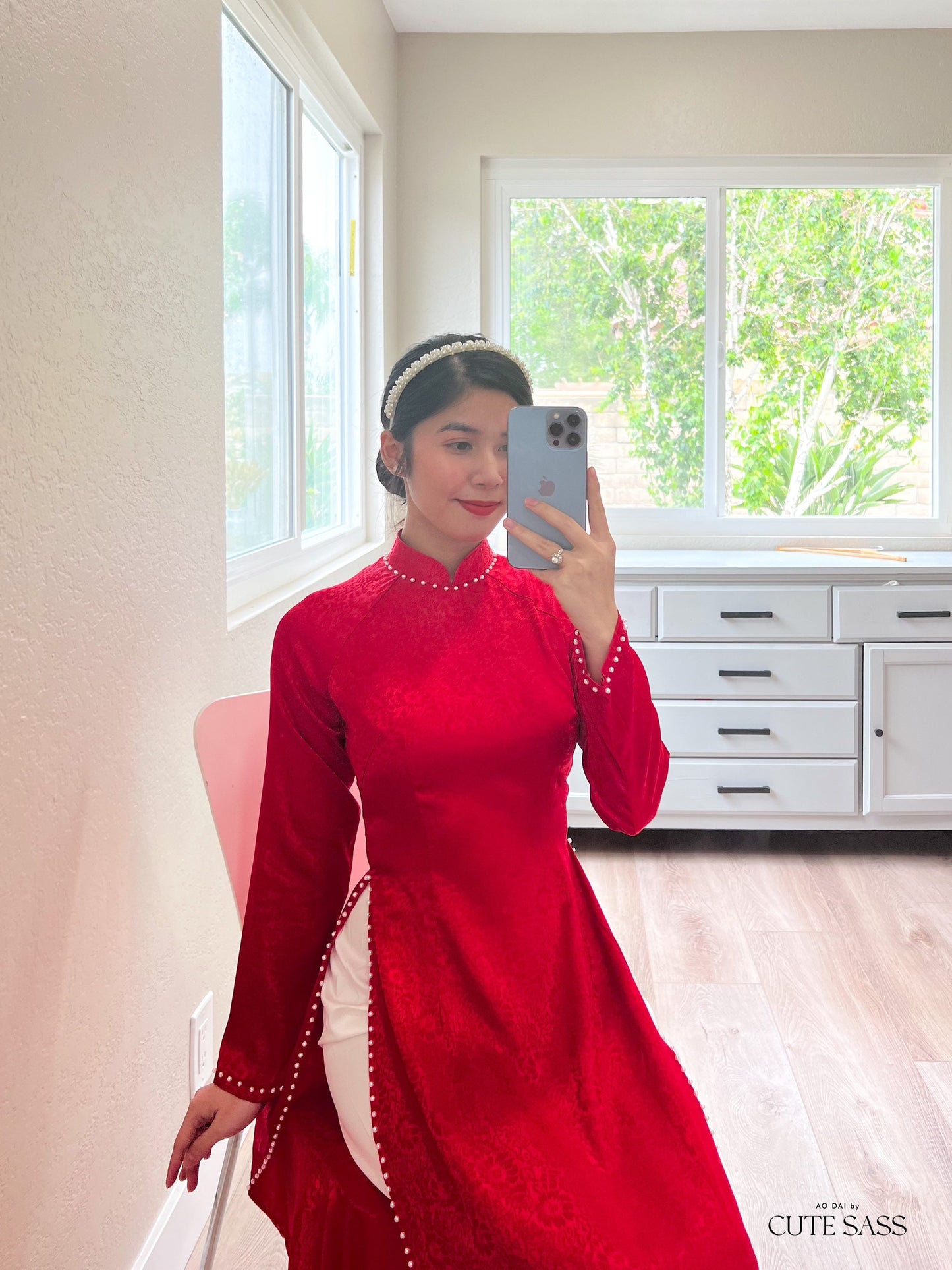 Plain Red Gam Silk with Pearls Ao Dai Set | Pre-made Traditional Vietnamese Ao Dai | Lunar New Year| Ao Dai Truyen Thong|Ao Dai with Pants