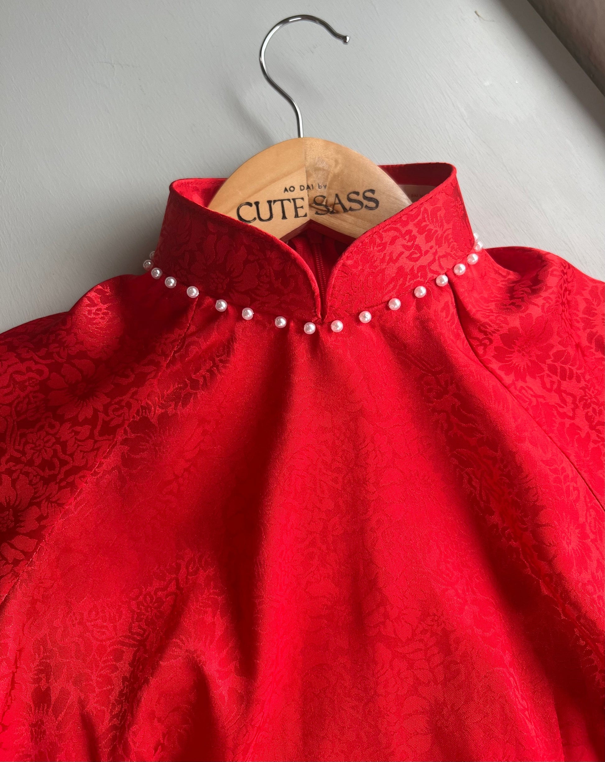 Plain Red Gam Silk with Pearls Ao Dai Set | Pre-made Traditional Vietnamese Ao Dai | Lunar New Year| Ao Dai Truyen Thong|Ao Dai with Pants