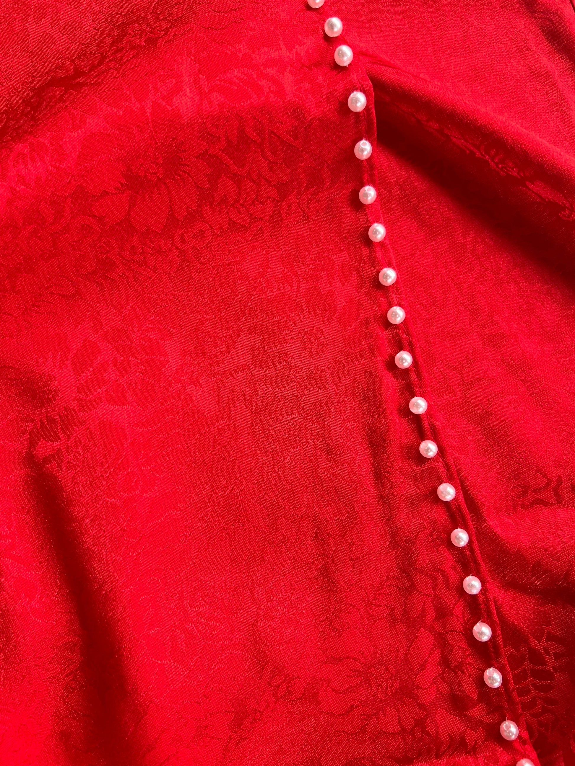 Plain Red Gam Silk with Pearls Ao Dai Set | Pre-made Traditional Vietnamese Ao Dai | Lunar New Year| Ao Dai Truyen Thong|Ao Dai with Pants