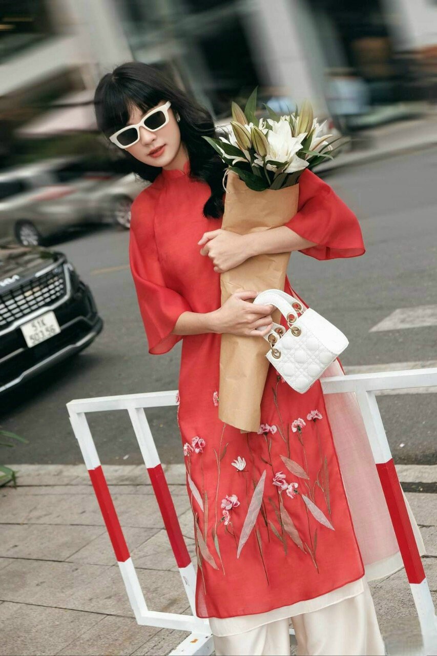 Shifted Red Chiffon Ao Dai Set