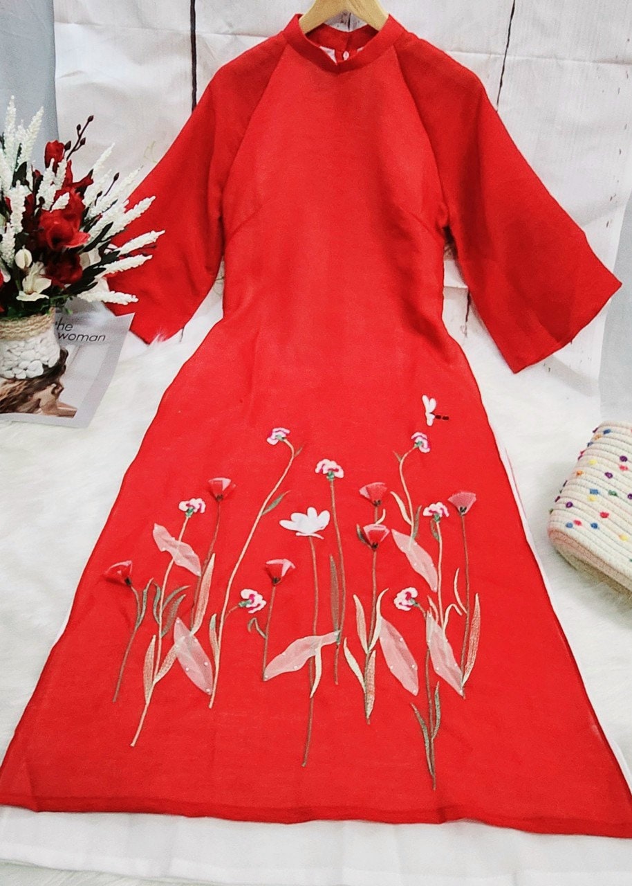Shifted Red Chiffon Ao Dai Set
