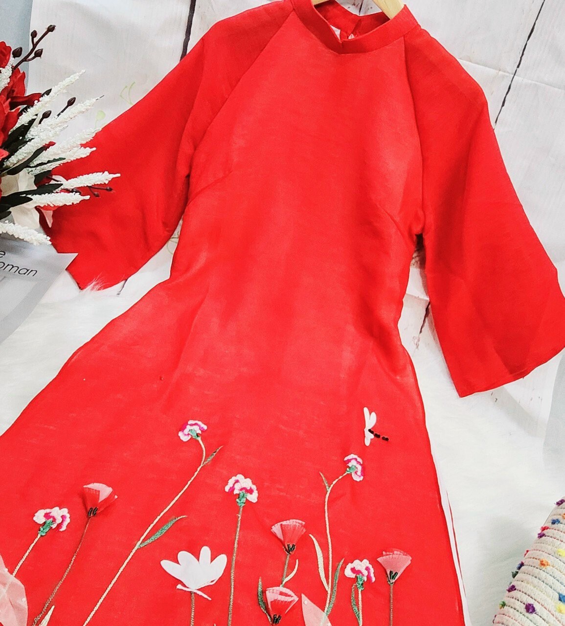 Shifted Red Chiffon Ao Dai Set