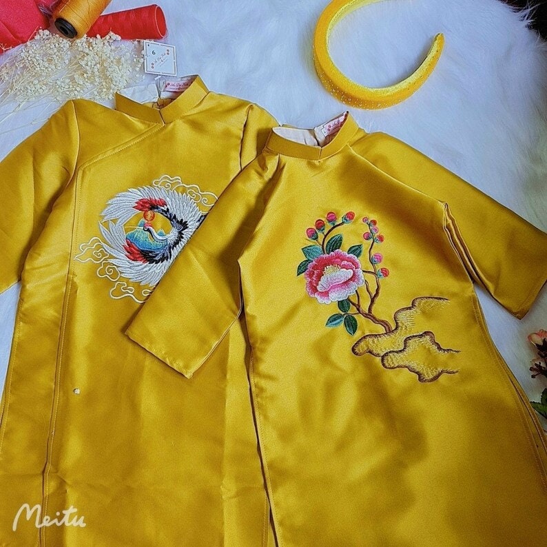 Family Yellow Embroidery Ao Dai Set| Pre-made Traditional Vietnamese Ao Dai| Lunar New Year | Ao Dai for Girl, Mom, Dad, Boy | Ao Dai Tet |