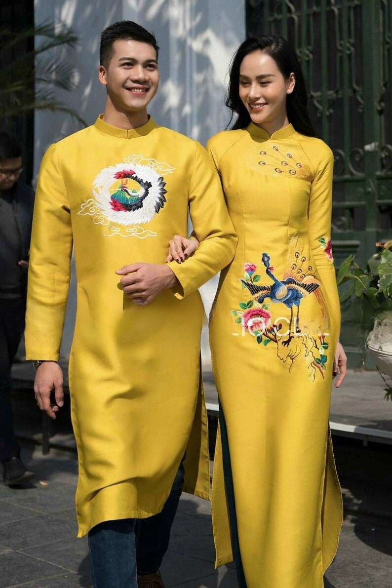 Family Yellow Embroidery Ao Dai Set| Pre-made Traditional Vietnamese Ao Dai| Lunar New Year | Ao Dai for Girl, Mom, Dad, Boy | Ao Dai Tet |