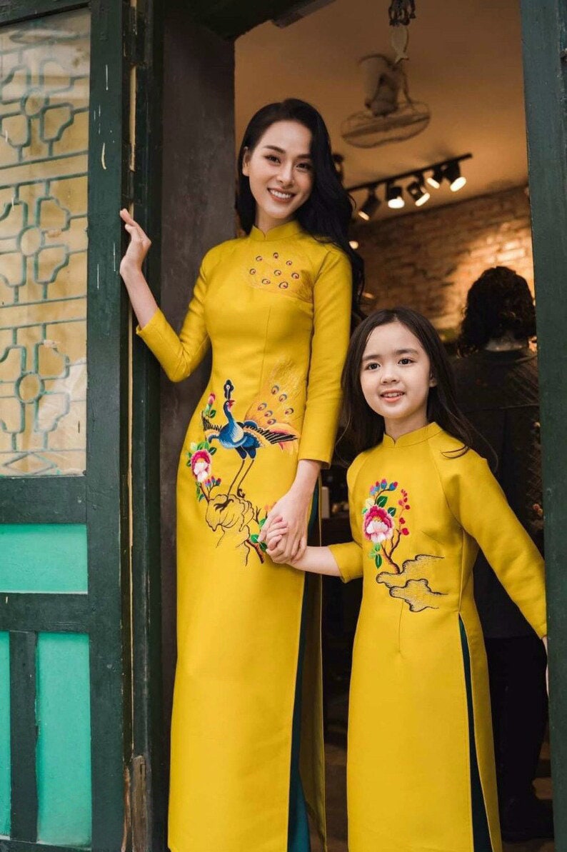 Family Yellow Embroidery Ao Dai Set| Pre-made Traditional Vietnamese Ao Dai| Lunar New Year | Ao Dai for Girl, Mom, Dad, Boy | Ao Dai Tet |