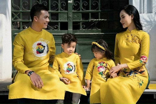 Family Yellow Embroidery Ao Dai Set| Pre-made Traditional Vietnamese Ao Dai| Lunar New Year | Ao Dai for Girl, Mom, Dad, Boy | Ao Dai Tet |