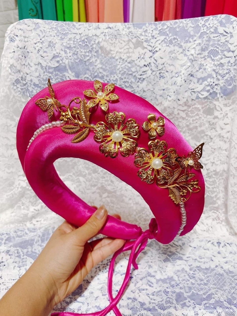Gold Floral Plush Head Piece - Multiple Colors | Vietnamese Ao Dai Accessories | Man Ao Dai | Khan Dong