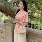 Gam Neck Detail Temple Set (White, Pink)| Pre-made Traditional Vietnamese Ao Dai| Lunar New Year|Do Lam|Phap Phuc|Women Ao Dai with Pants|M4