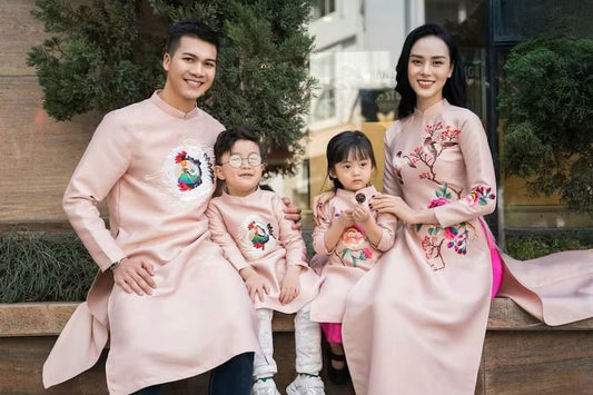 Family MUTED Blush Embroidery Ao Dai Set| Pre-made Traditional Vietnamese Ao Dai| Lunar New Year| Ao Dai for Girl, Mom, Dad, Boy | Ao Dai Te