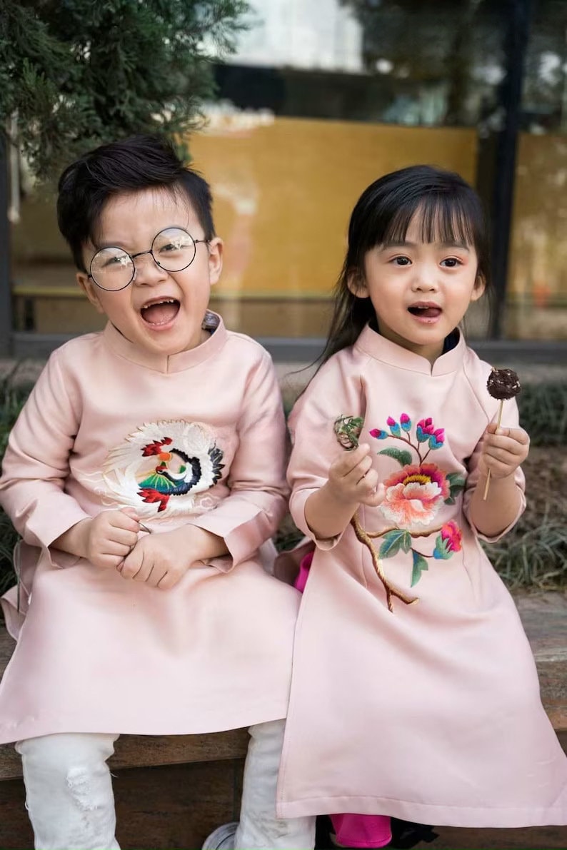 Family MUTED Blush Embroidery Ao Dai Set| Pre-made Traditional Vietnamese Ao Dai| Lunar New Year| Ao Dai for Girl, Mom, Dad, Boy | Ao Dai Te