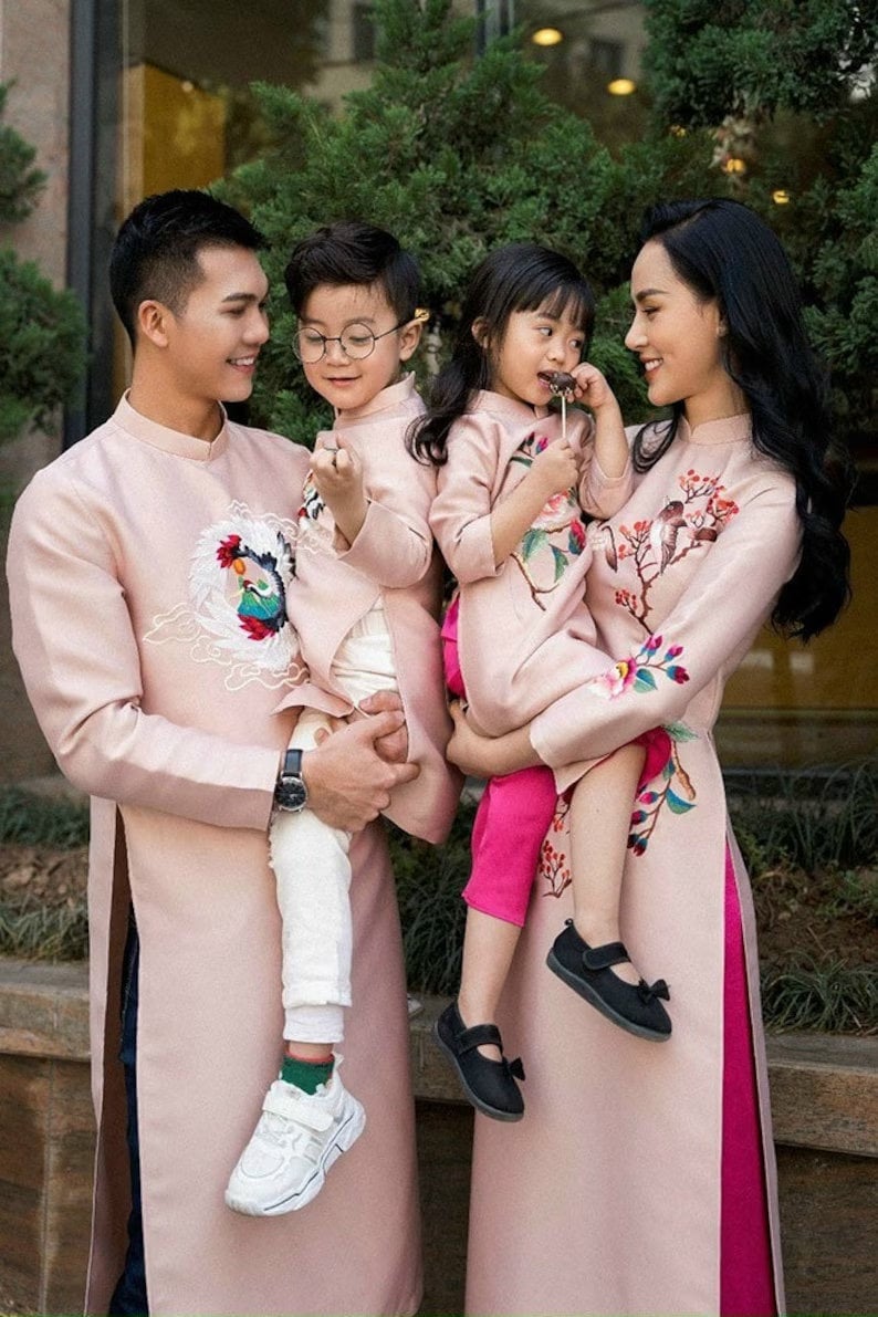 Family MUTED Blush Embroidery Ao Dai Set| Pre-made Traditional Vietnamese Ao Dai| Lunar New Year| Ao Dai for Girl, Mom, Dad, Boy | Ao Dai Te