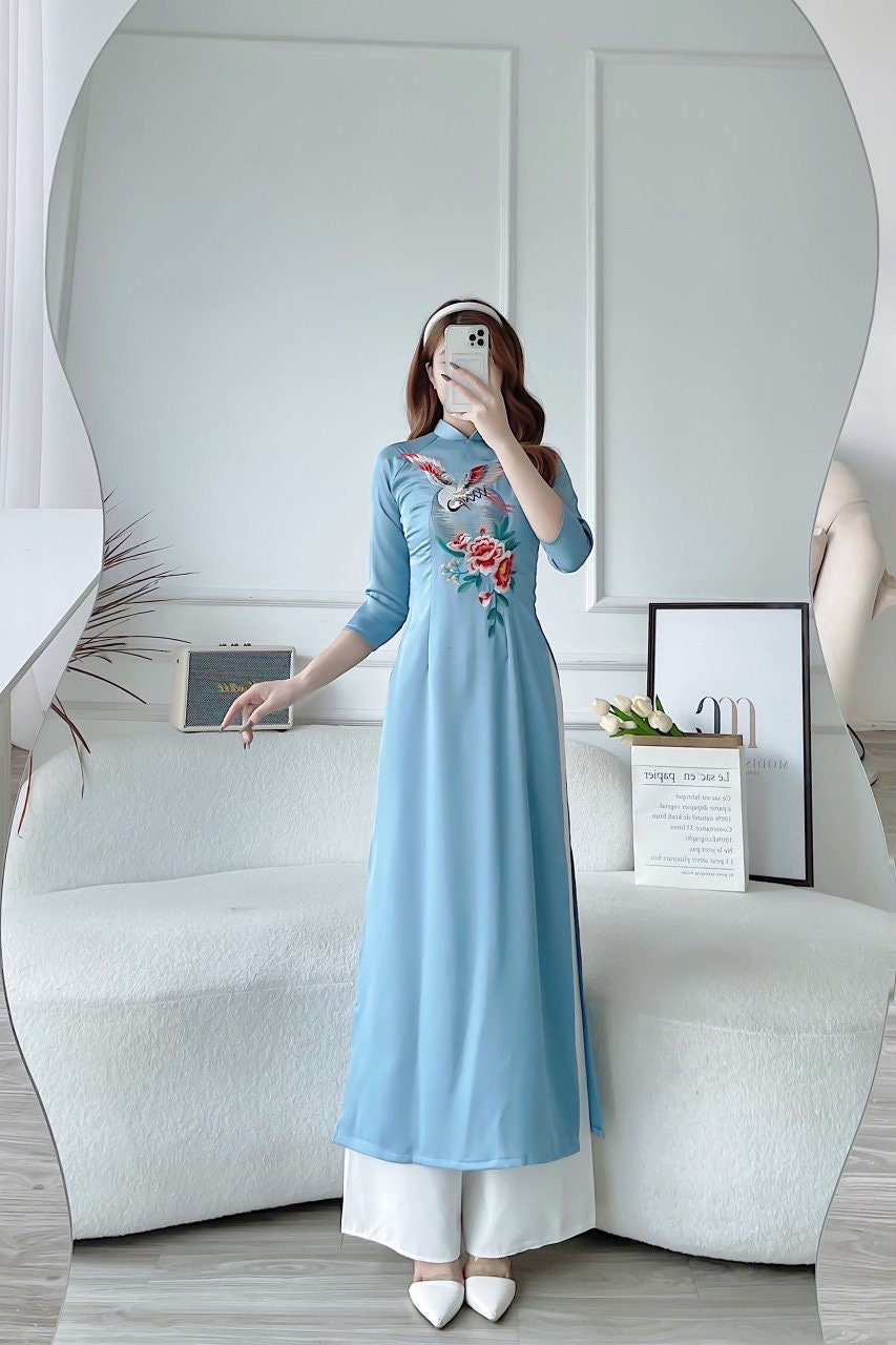 Blue Embroidery Moon Ao Dai Set 33C Ao Dai by Cute Sass Blue Embroidery Moon Ao Dai Set 33C Ao Dai by Cute Sass