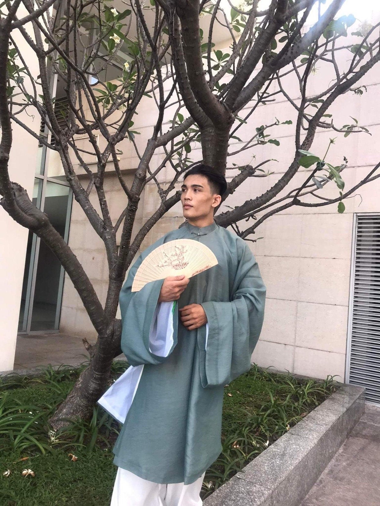 Men Áo Tấc - Moss Green (Top and Head Piece, No Pants) | Ao Tac | Áo Ngũ Thân Tay Thụng |Ao Dai Truyen Thong | Vietnamese Viet Phuc|M3