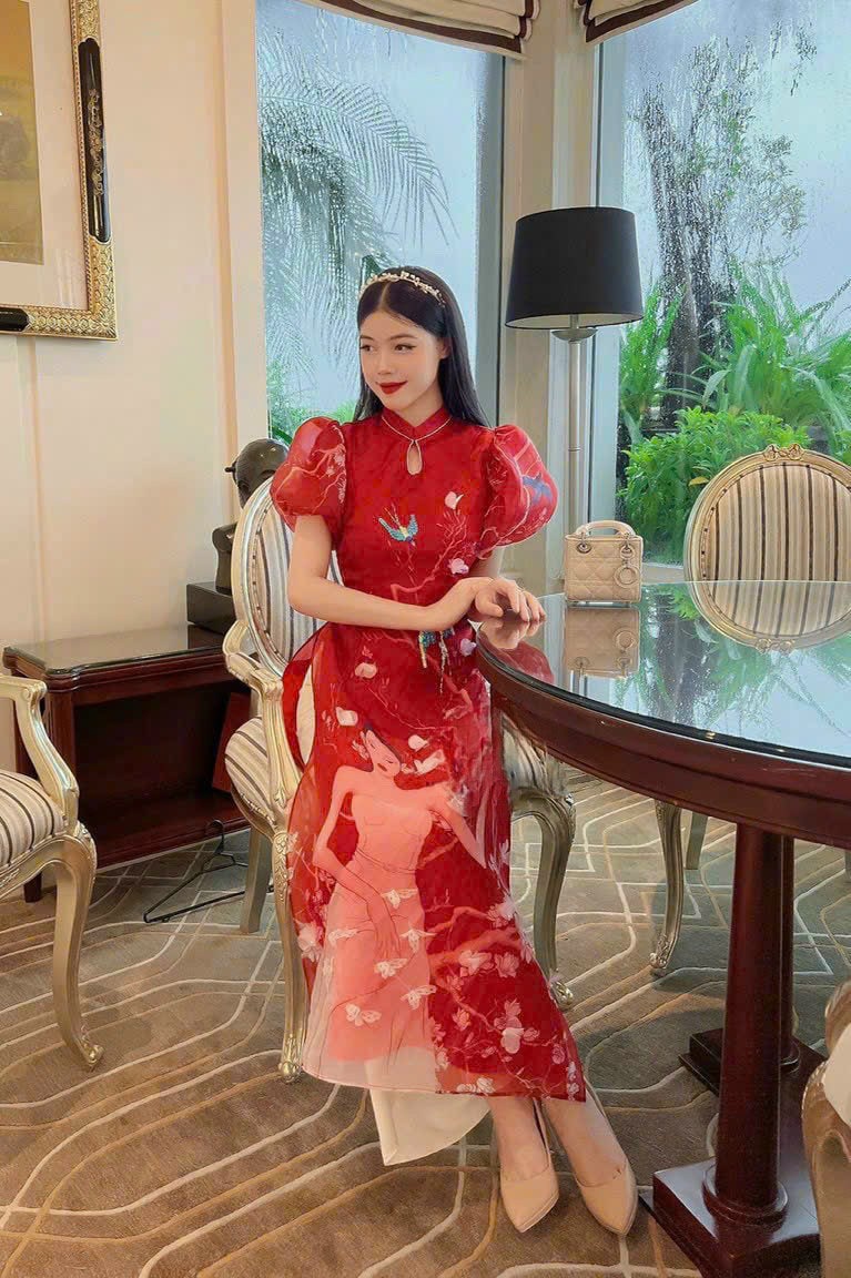 Red Puffy Sleeve Sparkle Spring Branches Ao Dai Set