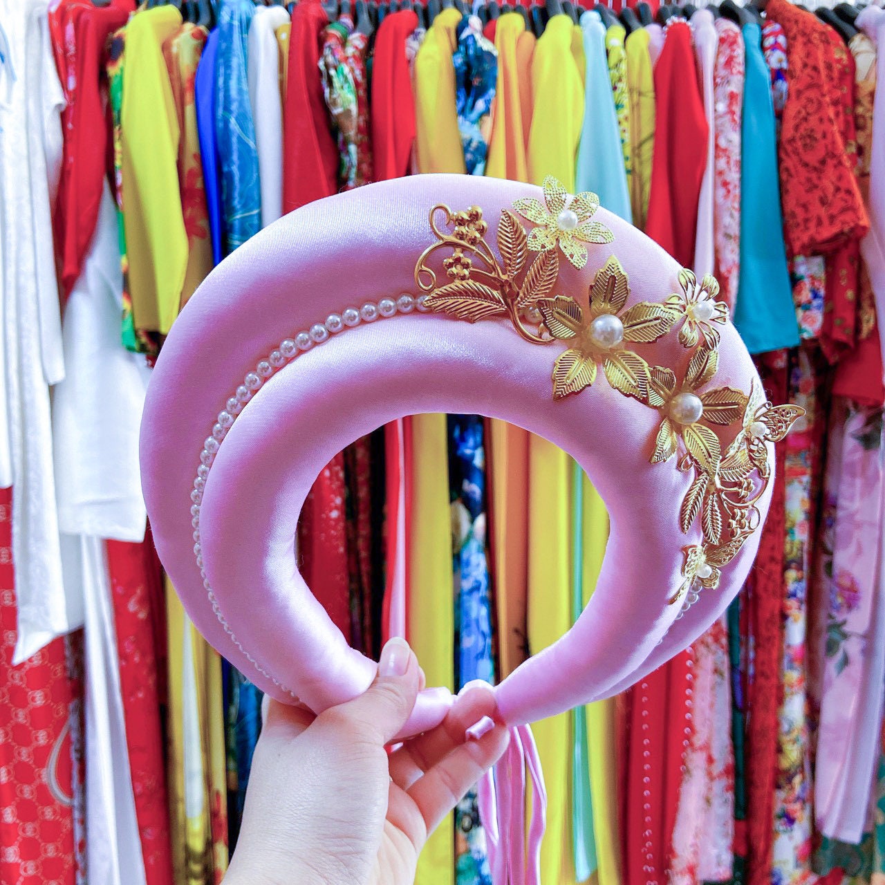 Gold Floral Plush Head Piece - Multiple Colors | Vietnamese Ao Dai Accessories | Man Ao Dai | Khan Dong