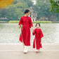 Mom and Daughter Shifted Red Gam Matching Ao Dai Set (White Pants)| Pre-made Traditional Vietnamese Ao Dai | Lunar New Year | Ao Dai Girl