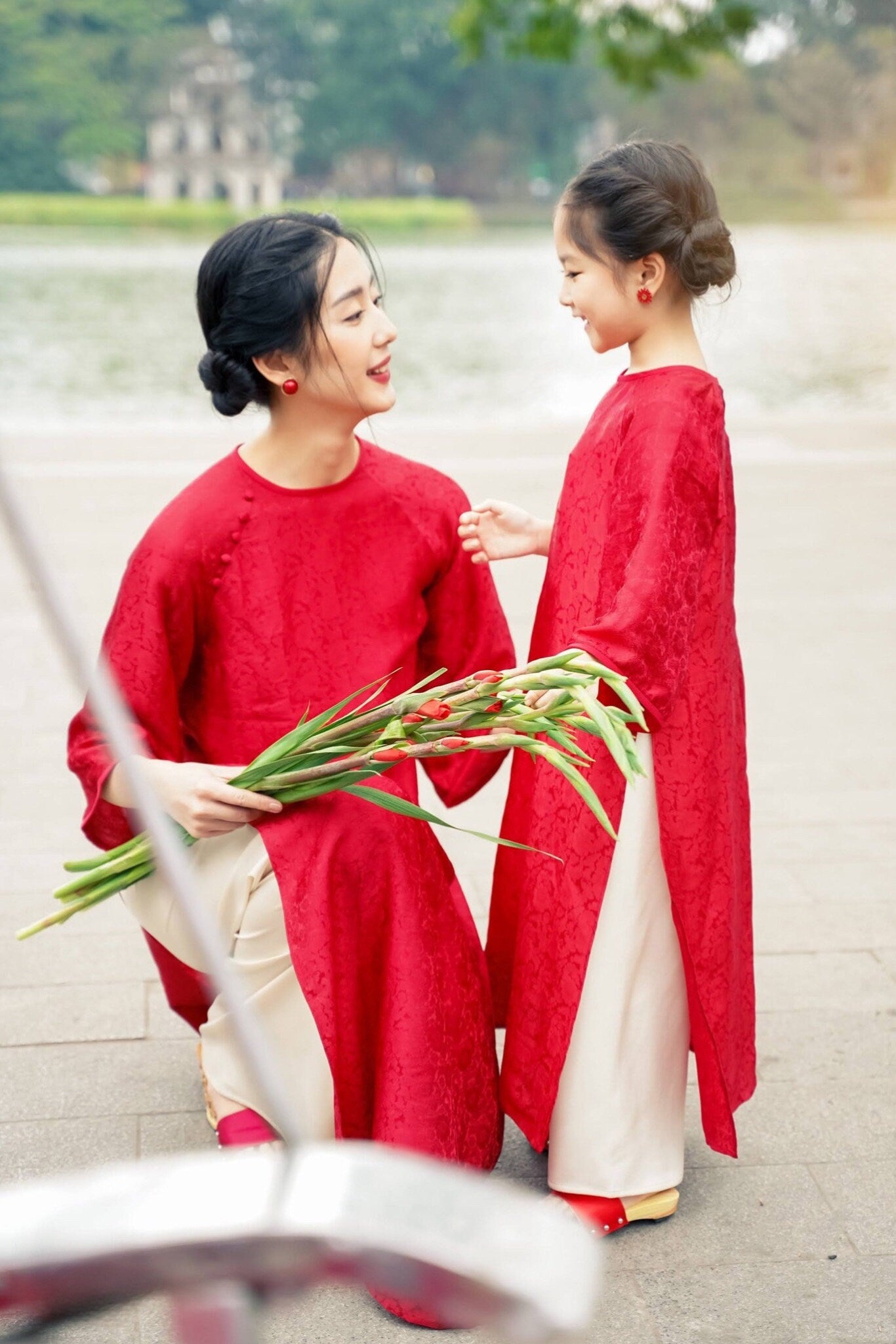 Mom and Daughter Shifted Red Gam Matching Ao Dai Set (White Pants)| Pre-made Traditional Vietnamese Ao Dai | Lunar New Year | Ao Dai Girl