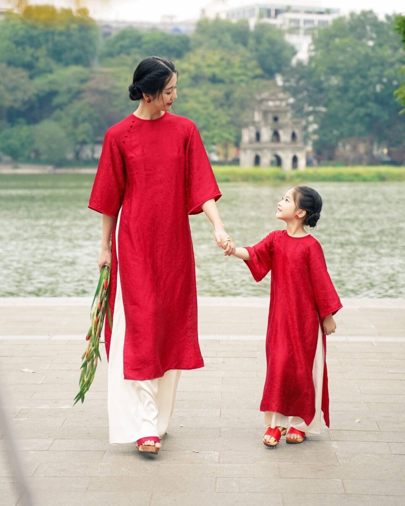 Mom and Daughter Shifted Red Gam Matching Ao Dai Set (White Pants)| Pre-made Traditional Vietnamese Ao Dai | Lunar New Year | Ao Dai Girl
