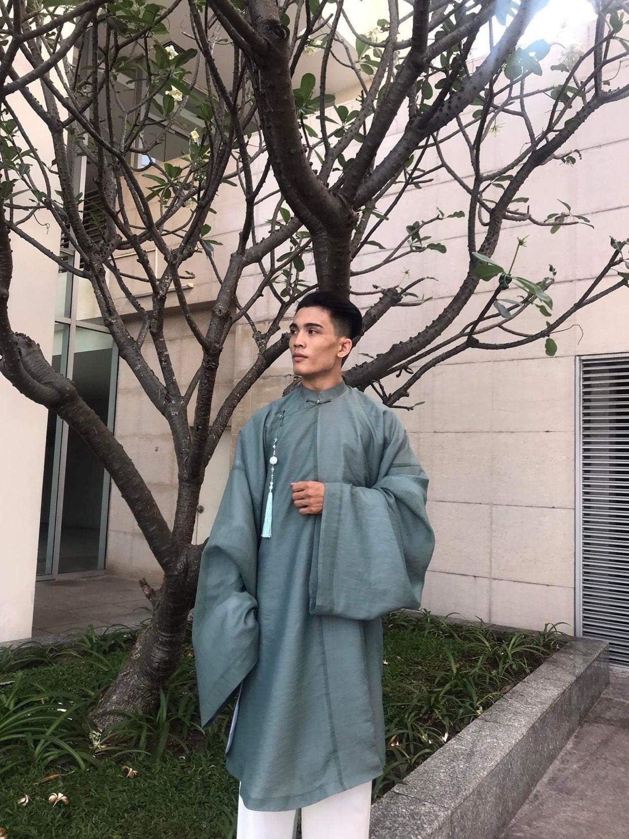 Men Áo Tấc - Moss Green (Top and Head Piece, No Pants) | Ao Tac | Áo Ngũ Thân Tay Thụng |Ao Dai Truyen Thong | Vietnamese Viet Phuc|M3