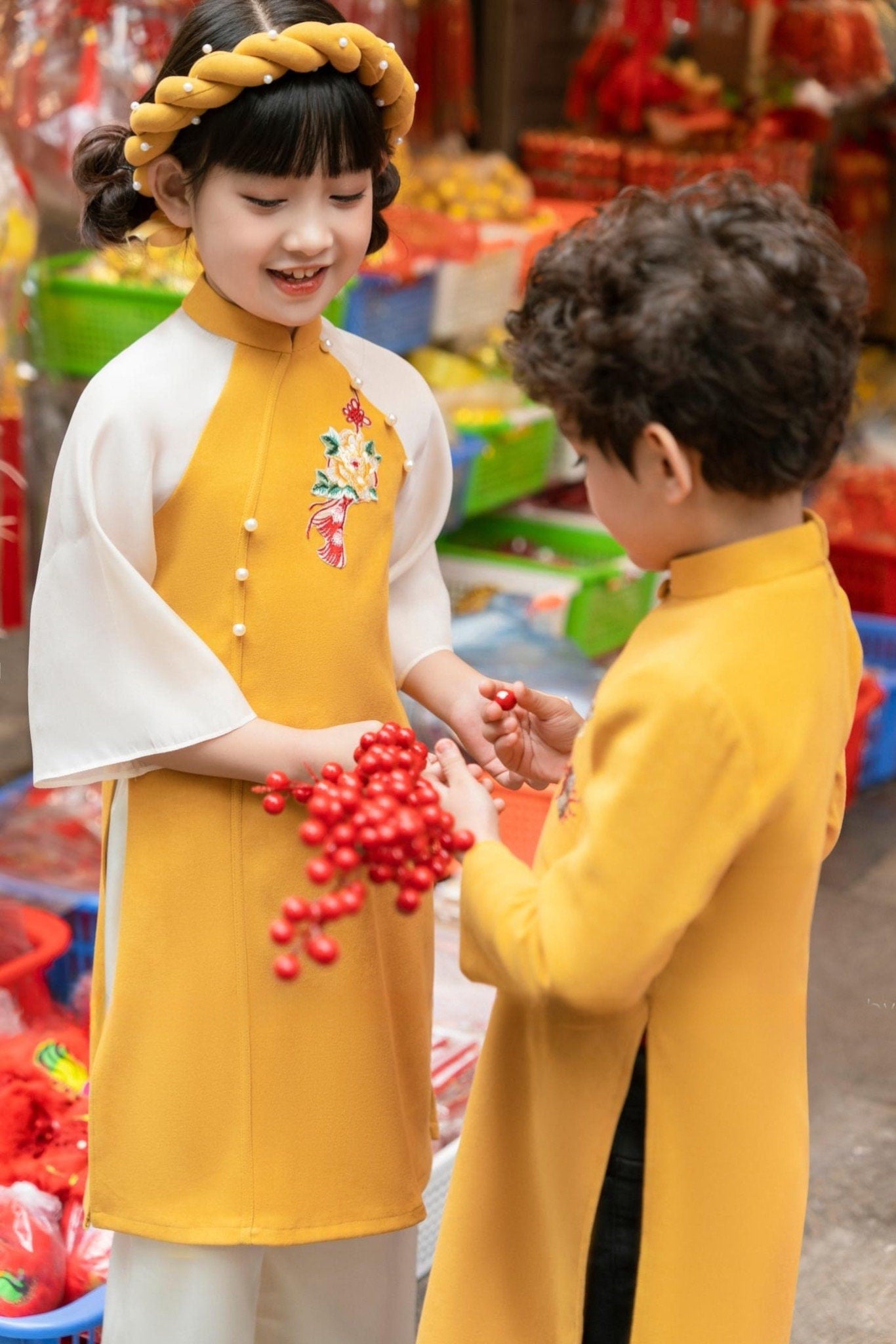 Family BRIGHT YELLOW Pearls Ao Dai Set (No Headband) | Pre-made Vietnamese Ao Dai| Lunar New Year | Ao Dai for Girl, Mom, Dad, Boy I2