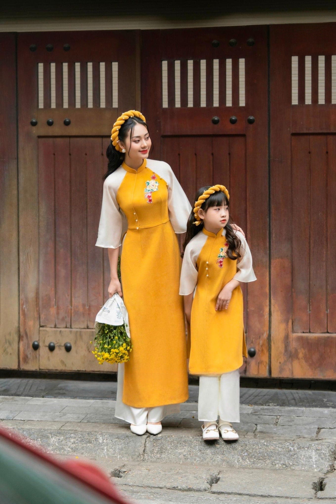 Family BRIGHT YELLOW Pearls Ao Dai Set (No Headband) | Pre-made Vietnamese Ao Dai| Lunar New Year | Ao Dai for Girl, Mom, Dad, Boy I2