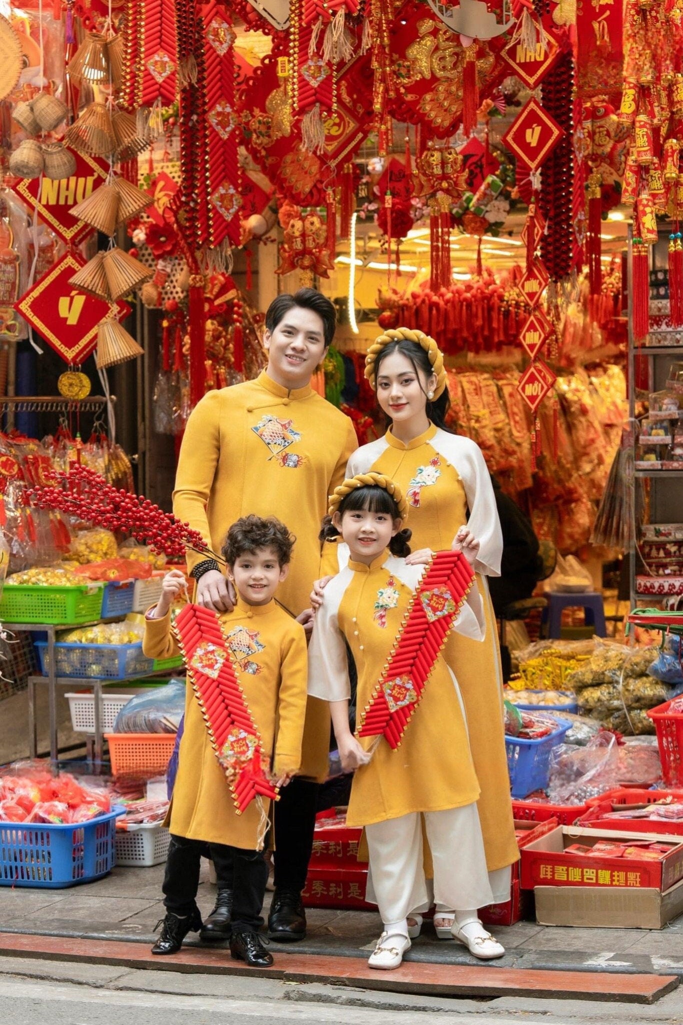 Family BRIGHT YELLOW Pearls Ao Dai Set (No Headband) | Pre-made Vietnamese Ao Dai| Lunar New Year | Ao Dai for Girl, Mom, Dad, Boy I2