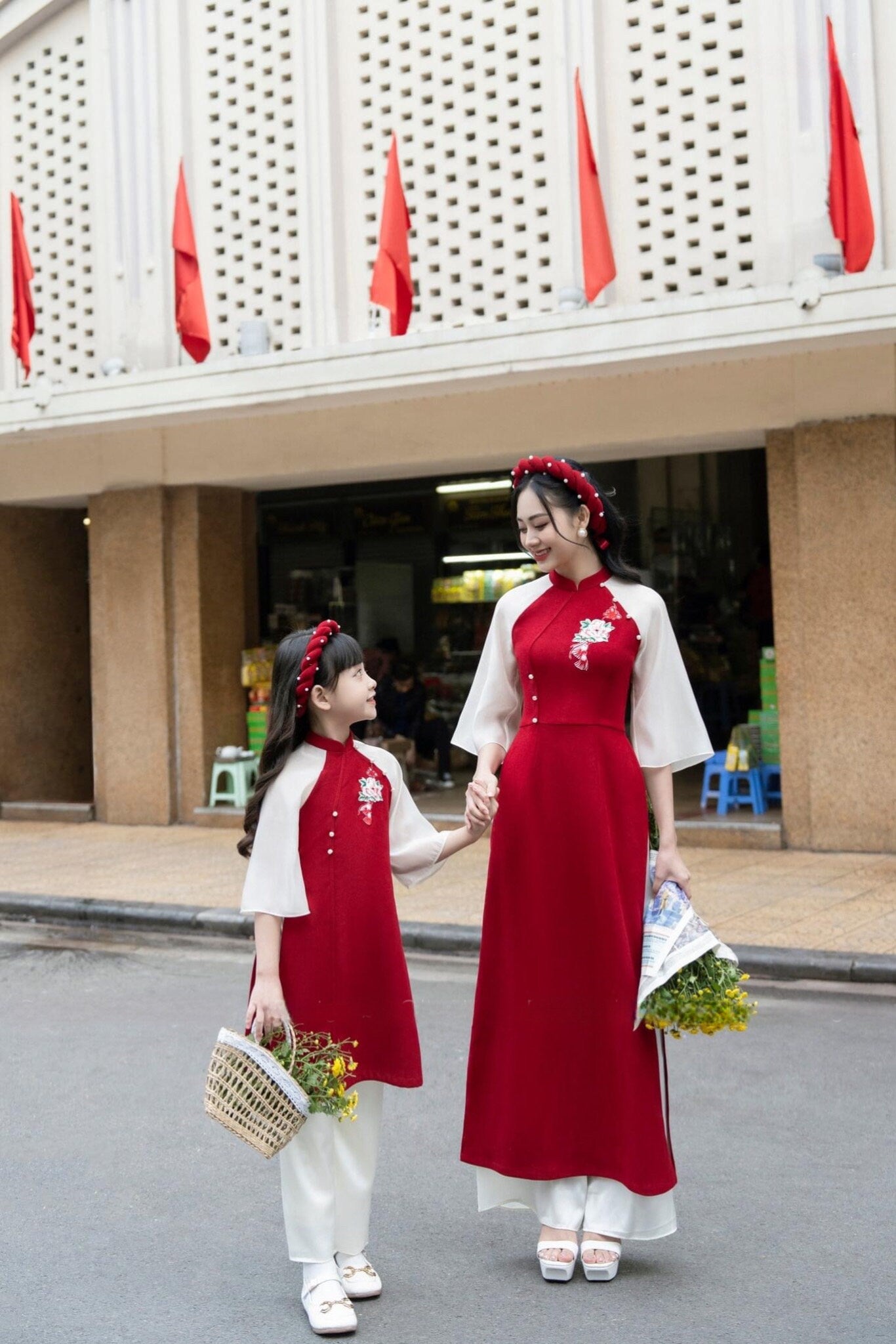 Family DEEP RED Pearls Ao Dai Set (No Headband) | Pre-made Vietnamese Ao Dai| Lunar New Year | Ao Dai for Girl, Mom, Dad, Boy |Ao Dai Tet|I1