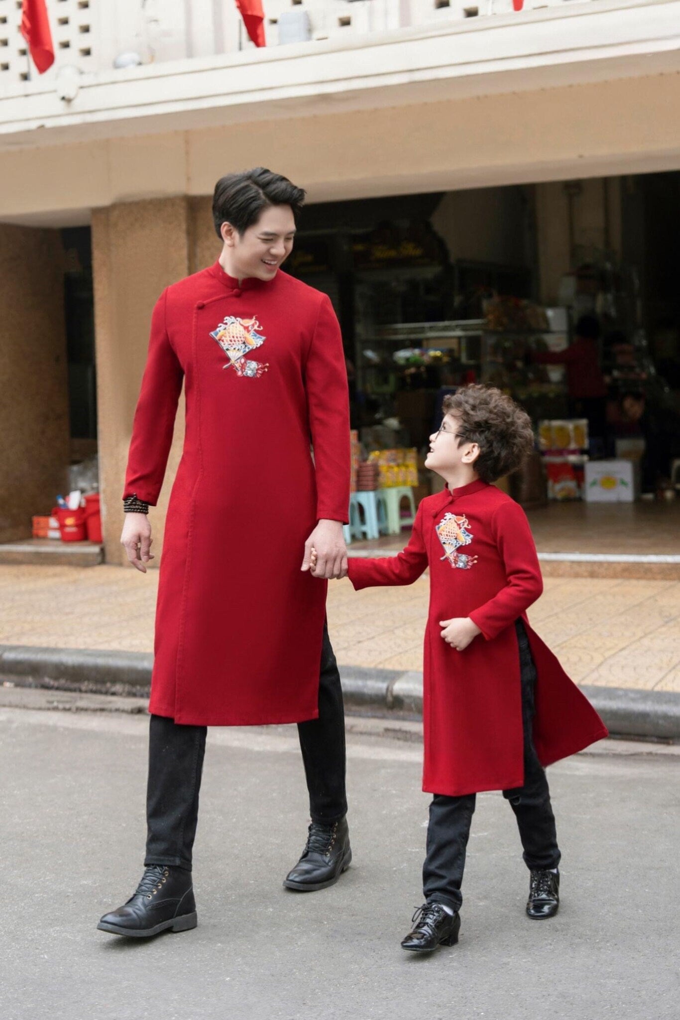 Family DEEP RED Pearls Ao Dai Set (No Headband) | Pre-made Vietnamese Ao Dai| Lunar New Year | Ao Dai for Girl, Mom, Dad, Boy |Ao Dai Tet|I1